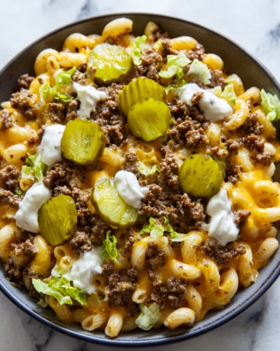 A white bowl filled with macaroni noodles covered in melted yellow cheese forms the bottom layer. On top, there's ground beef sprinkled all over, mixed with small bits of chopped green lettuce. Several bright green pickle slices are evenly placed across the dish. Dollops of white creamy sauce sit on the beef and cheese, adding texture. The bowl sits on a white marbled surface. Photo taken with an iphone --ar 4:5 --v 7