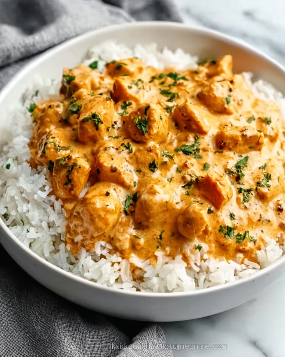 A white bowl filled with white rice as the bottom layer, topped with a creamy orange curry that has chunky pieces of chicken scattered throughout. The curry has a smooth, thick texture with small bits of herbs sprinkled on top, adding spots of green color. The bowl is placed on a white marbled surface with a soft gray cloth nearby. The lighting highlights the creaminess of the curry and the fluffiness of the rice. photo taken with an iphone --ar 4:5 --v 7