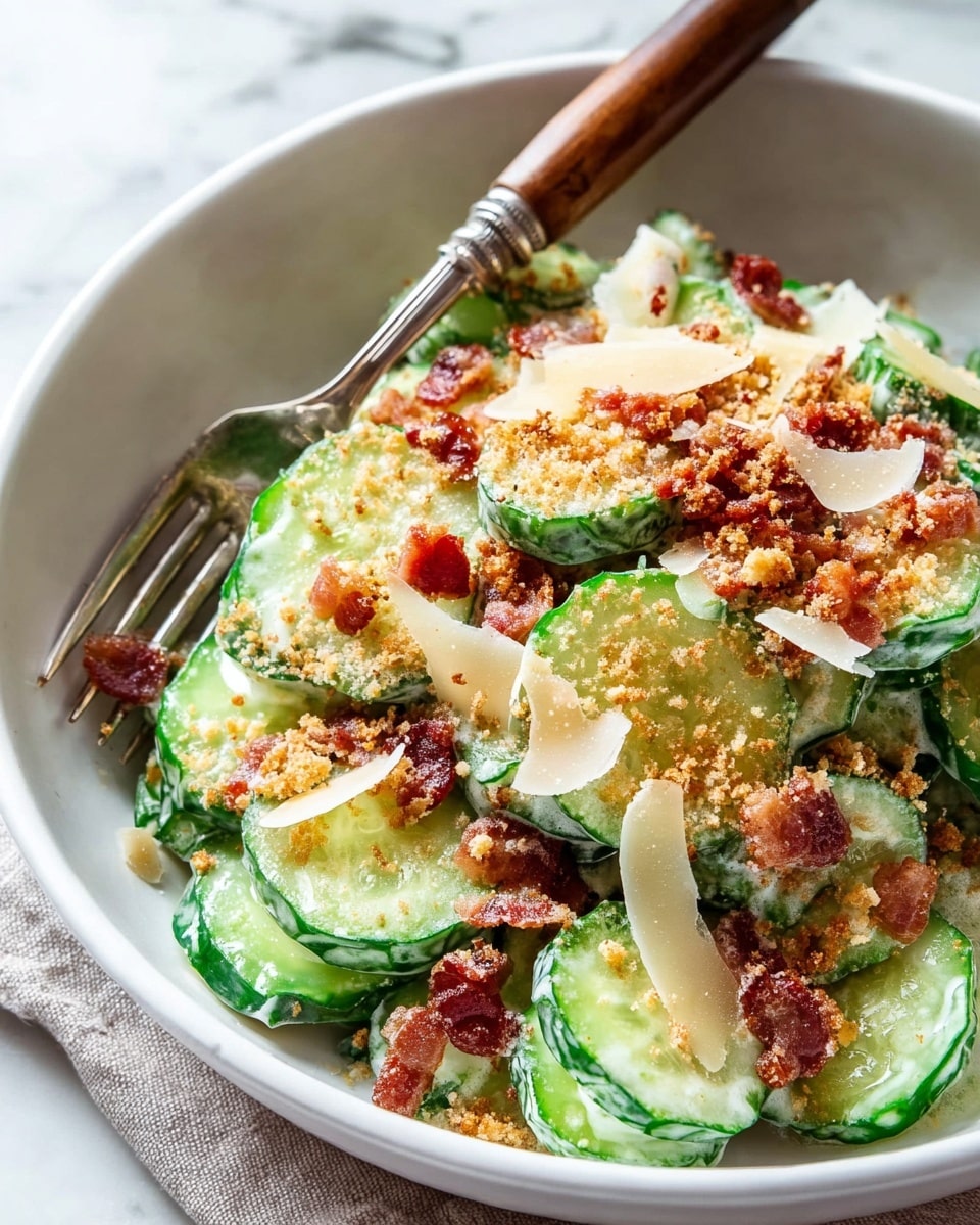 A close-up view of a creamy salad served in a white bowl, showing about three layers. The bottom layer is made of thick slices of bright green cucumber with a fresh, slightly wet texture. On top of the cucumbers, there are small pieces of crispy reddish-brown bacon mixed in, adding crunch and contrast. Scattered over the bacon and cucumbers are thin, pale yellow shavings of cheese, creating delicate, curved layers. The dish is finished with a light sprinkle of golden-brown breadcrumbs, giving a textured, crumbly look. A silver fork with a wooden handle rests on the edge of the bowl against a white marbled surface. Photo taken with an iphone --ar 4:5 --v 7