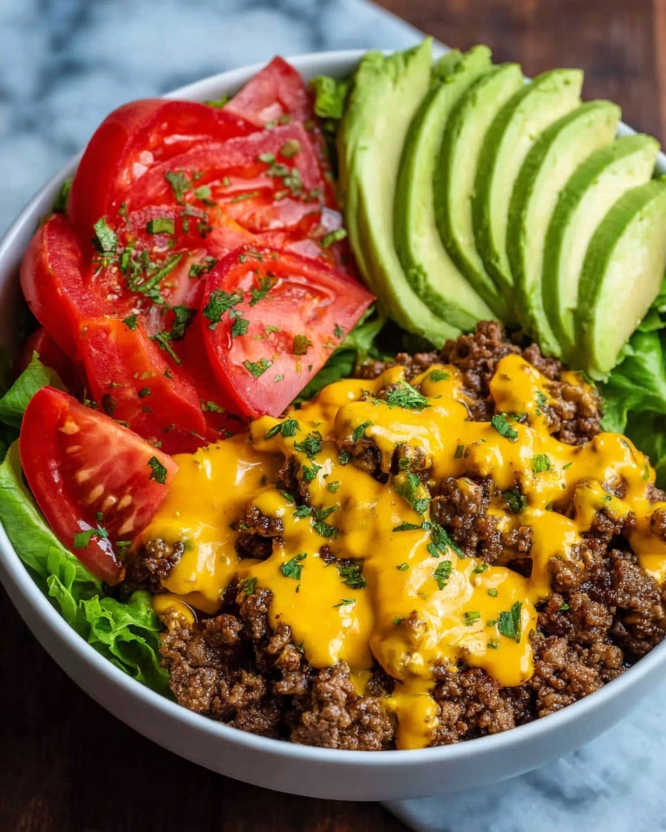 In a white bowl, the dish is layered with browned ground beef at the bottom center, topped with bright yellow melted cheese sauce drizzled unevenly. To the left, there are fresh green lettuce leaves, while behind the beef, soft slices of light green avocado are arranged in a fan shape. On the right side, there are vibrant red tomato slices sprinkled with small green herb pieces. The bowl sits on a white marbled surface. Photo taken with an iphone --ar 4:5 --v 7