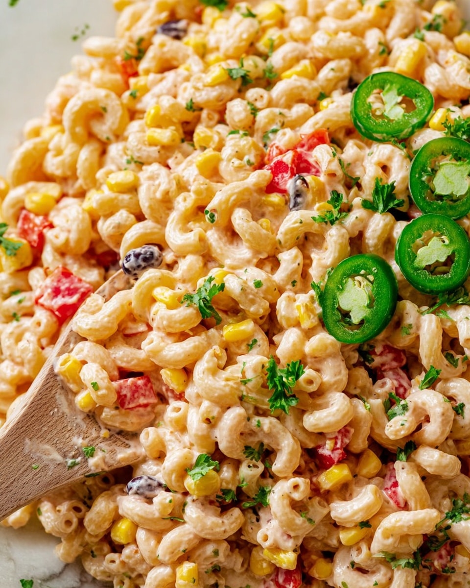 A close-up image shows a creamy macaroni salad with a base layer of small, curly elbow macaroni coated in a light orange dressing. Mixed evenly throughout are bright yellow corn kernels, small black beans, and diced red bell peppers adding vibrant color. Garnished on top are scattered small green parsley leaves and slices of green jalapeño peppers positioned on the right side. A wooden spoon with some dressing on it is slightly visible among the pasta. The entire dish rests on a surface with a white marbled texture. photo taken with an iphone --ar 4:5 --v 7