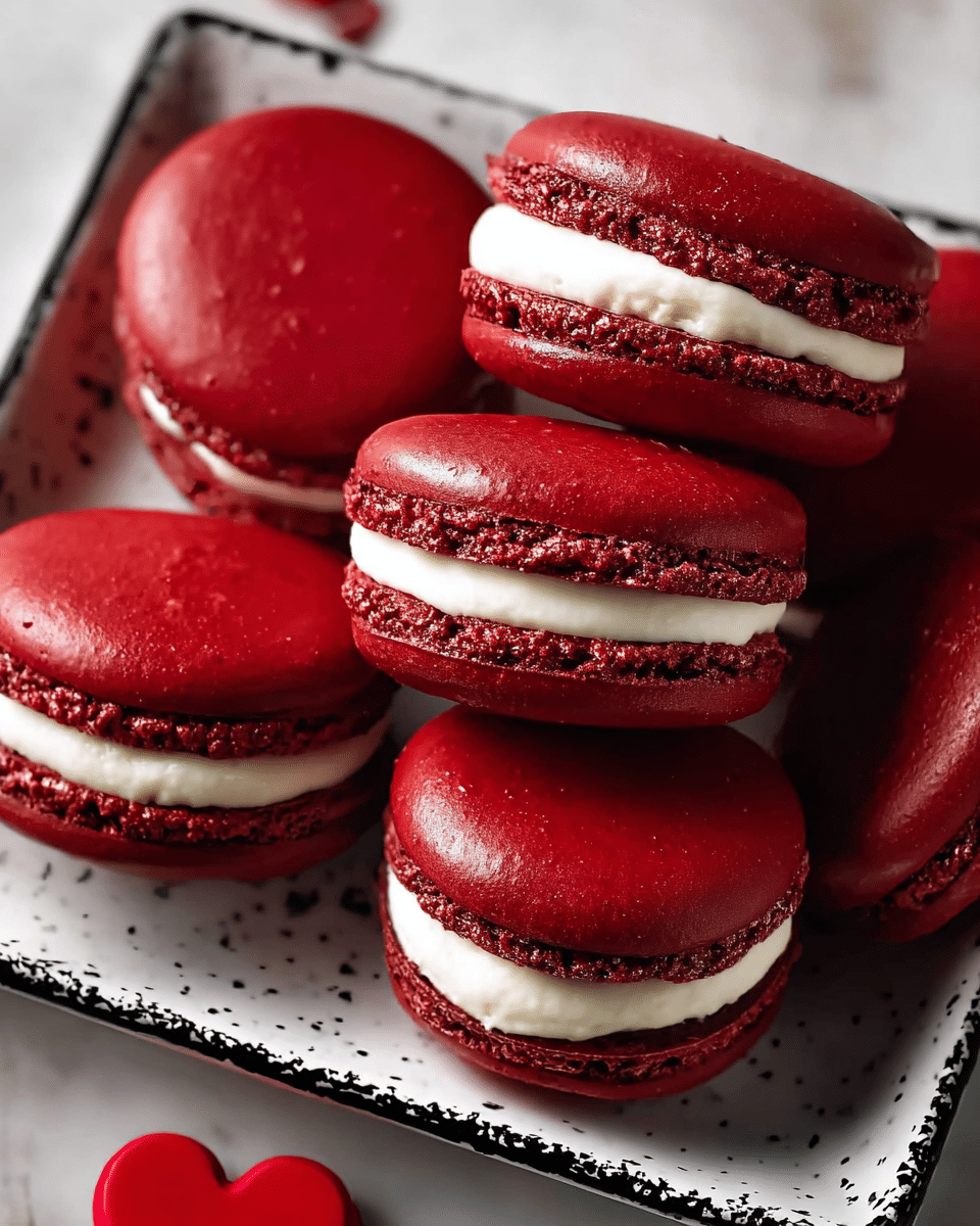 A close-up view of seven red macarons arranged on a white square plate with a black speckled pattern. Each macaron has two deep red smooth shells with a slightly rough edge where they meet, and a thick, creamy white filling sandwiched between them, clearly visible in the three macarons placed on top. The bright red color of the shells contrasts sharply with the soft white cream inside. The plate is set against a white marbled surface, and a small red heart-shaped object is partially visible at the bottom of the image. photo taken with an iphone --ar 4:5 --v 7