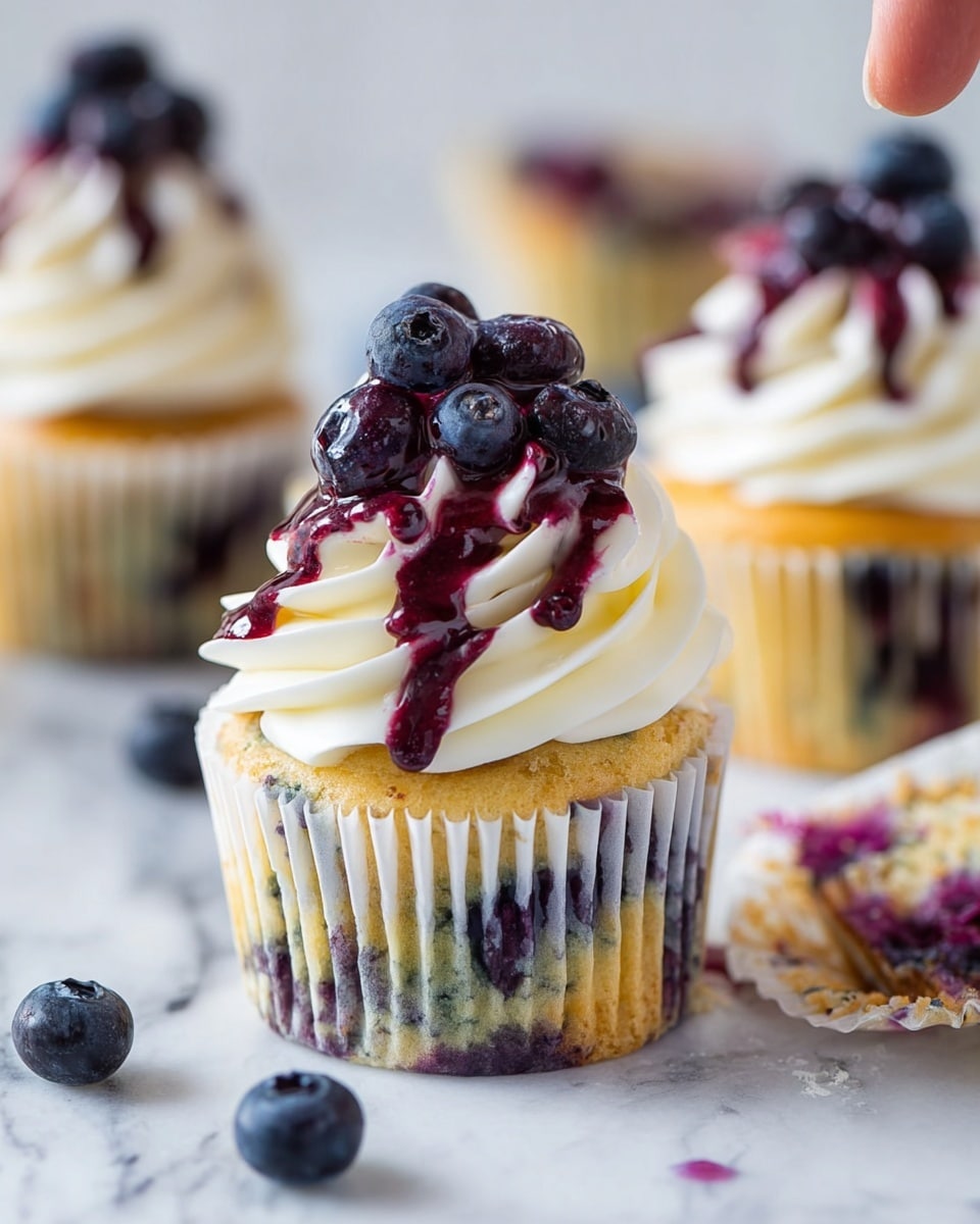 A close-up view of a blueberry cupcake with three clear layers visible: the bottom layer is a golden cake speckled with small blueberries, the middle layer is a swirl of white creamy frosting spiraled thickly, and the top layer features a drizzle of deep purple blueberry sauce flowing down the frosting and a cluster of fresh blueberries placed at the peak. The cupcake is in a white paper liner. Two more similar cupcakes are blurred in the background on a white marbled surface, with a few loose blueberries scattered around. A woman's hand is reaching in from the left side, partially visible near an opened cupcake with purple-stained crumbs. photo taken with an iphone --ar 4:5 --v 7