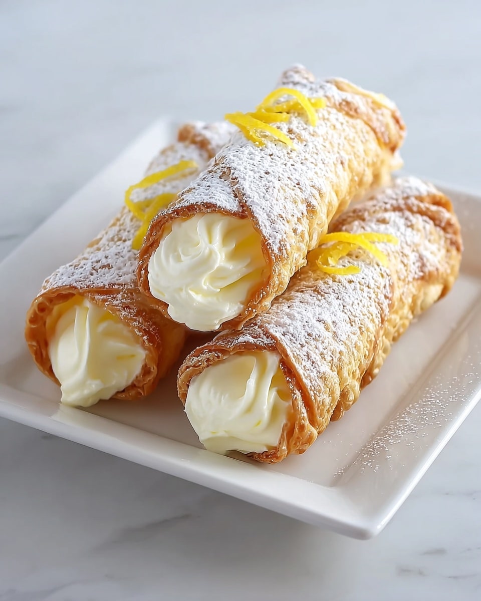 Three golden-brown crispy pastry rolls are arranged on a white square plate placed on a white marbled surface. Each roll is filled with creamy white filling that is slightly oozing at the open ends, topped with thin yellow lemon zest strips. The pastries are dusted generously with white powdered sugar, giving them a light, snowy appearance on top. The texture of the pastry looks flaky and delicate, with faint layers visible at the edges. Photo taken with an iphone --ar 4:5 --v 7