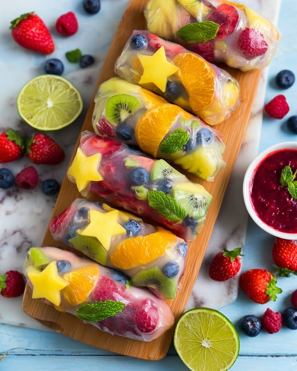 The image shows six fresh fruit spring rolls on a wooden board over a white marbled surface. Each roll has three visible layers: the outer transparent rice paper wrapping that reveals colorful fruit inside, the fruit layer with bright slices of oranges, kiwis, blueberries, strawberries, star-shaped pineapple pieces, raspberries, and cherries, and some green mint leaves scattered inside and on top. The rolls display mixed textures from the soft fruits and slightly moist rice paper. Around the board are scattered whole blueberries, strawberries, cherries, raspberries, a halved lime, and a small white bowl filled with red berry sauce garnished with mint leaves. The bright natural colors of the fruits contrast with the blue table and white marbled surface. Photo taken with an iphone --ar 4:5 --v 7
