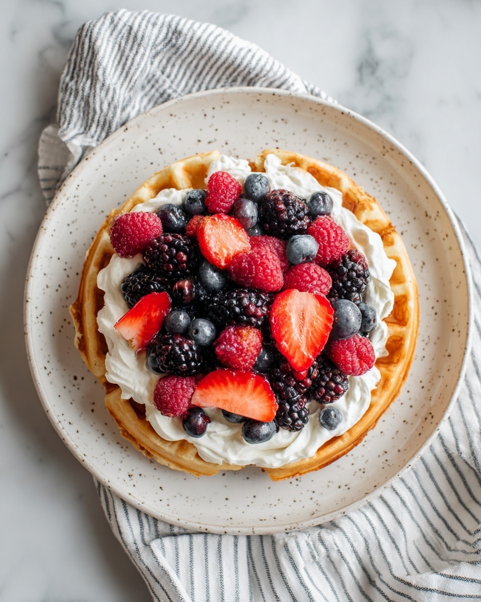 A round golden-brown waffle sits in the center of a white speckled plate on a white marbled background. On top of the waffle, there is a thick, uneven layer of white whipped cream. This is covered with a mix of fresh berries, including whole dark blackberries, deep red raspberries, halved bright red strawberries with visible seeds, and small round blue blueberries scattered evenly. A white and gray striped cloth is placed casually nearby. photo taken with an iphone --ar 4:5 --v 7