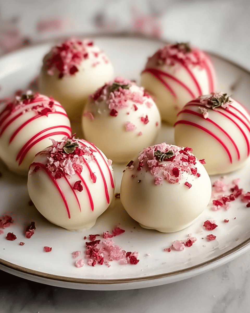 Seven round white chocolate truffles sit closely on a white plate with a rim, all resting on a white marbled surface. Each truffle has a smooth shiny white coating and is decorated with two different toppings: four truffles are covered with small red and pink crunchy bits and tiny green leaves on top, while the other three truffles have thin bright red lines drizzled over them with a few red bits sprinkled on top. Additional red and pink crunchy bits are scattered around the plate’s edge. The lighting softly highlights the glossy texture of the chocolate and the delicate toppings, creating a sweet and inviting look. photo taken with an iphone --ar 4:5 --v 7