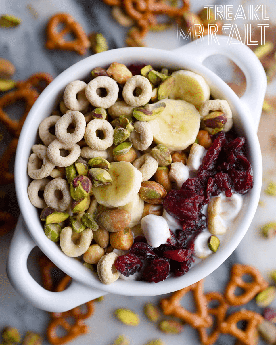 A close-up image of a bowl filled with a colorful breakfast trail mix layered with several elements: at the bottom, pale beige oat cereal loops; above them, bright green pistachio nuts scattered unevenly; on top of that, dark red dried cranberries adding a rich contrast; mixed in between, light yellow banana chips with a slightly crispy texture; and white, yogurt-covered pretzel pieces broken into irregular shapes finishing the mix. The white bowl has two handles and sits on a white marbled surface with some cereal bits scattered around it. The lighting emphasizes the shiny textures of the dried fruits and yogurt coating. Photo taken with an iphone --ar 4:5 --v 7