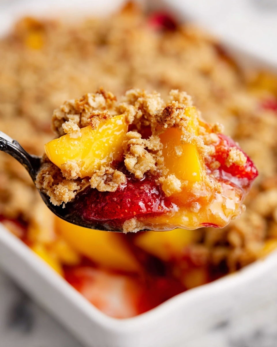 A close-up view of a black spoon lifting a piece of fruit crumble from a white rectangular baking dish. The dessert has three visible layers: the top crumb layer is golden brown with a rough texture made of oats and crushed nuts; the middle layer is shiny, juicy fruit pieces in shades of bright yellow and red, showing peaches and strawberries; the bottom layer is not clearly visible but appears softened and syrupy, holding the fruit together. The background is blurred with a white marbled texture. photo taken with an iphone --ar 4:5 --v 7