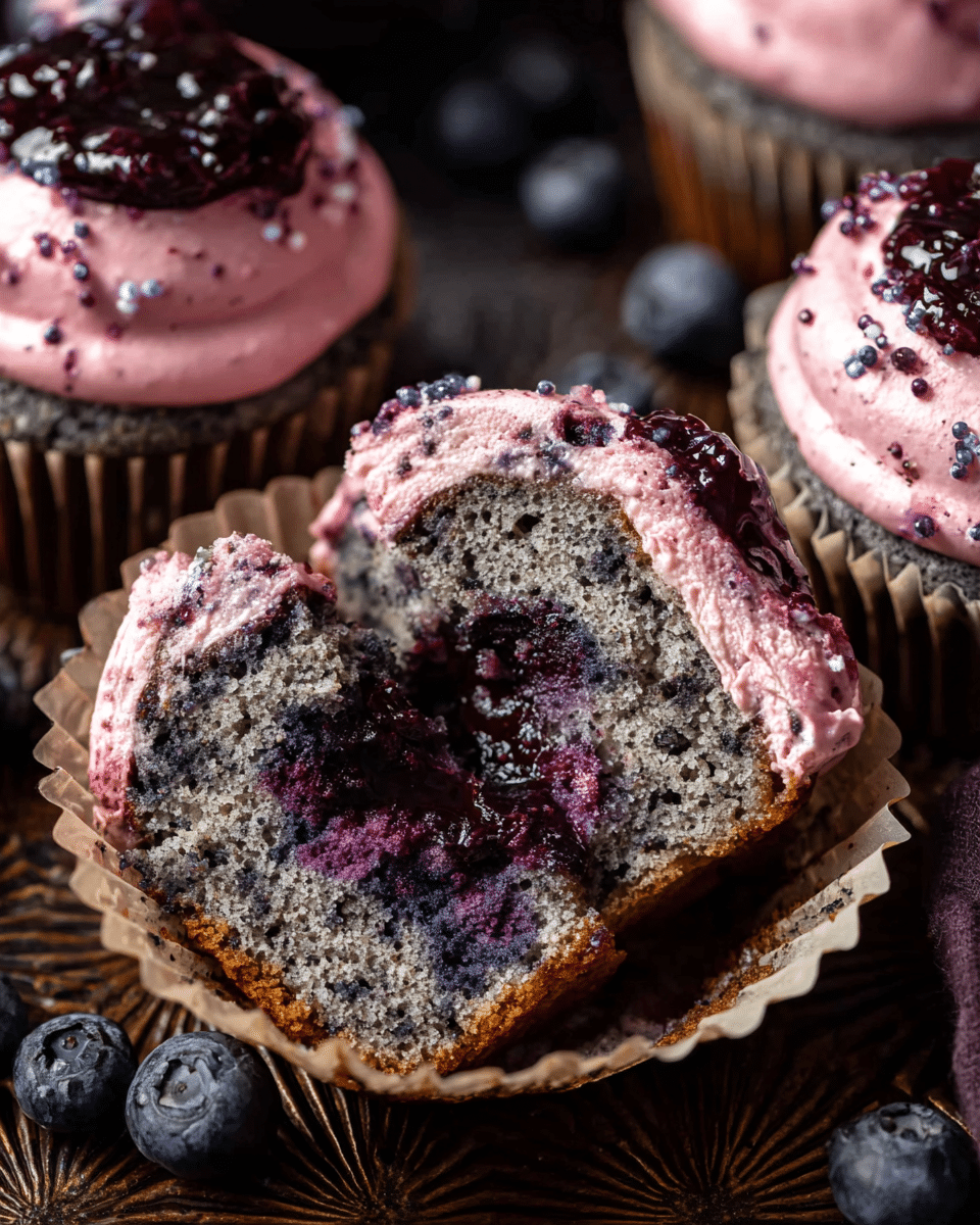 This image shows close-up blueberry cupcakes with two main layers. The bottom layer is a dense, moist cake with a speckled grayish-purple color from blueberries baked inside. On top of the cake is a thick layer of smooth, creamy frosting in a soft pink color, dotted with tiny blueberry pieces. One cupcake is cut in half, revealing a glossy, dark purple blueberry jam filling in the cake center, contrasting with the lighter cake and frosting. The cupcakes sit in light beige paper liners on a dark, patterned tray with fresh blueberries scattered around. The scene is detailed and textured with a rich mix of colors. Photo taken with an iphone --ar 4:5 --v 7