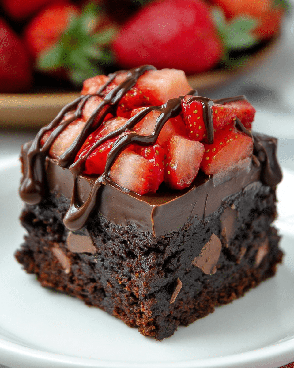 A square piece of dark chocolate brownie sits centered on a white plate against a white marbled surface. The brownie has two visible layers: a dense, moist dark chocolate base with small chocolate chunks, and a smooth shiny dark chocolate ganache layer on top. Above the ganache are fresh, bright red chopped strawberries arranged in a small pile. Over the strawberries and ganache, irregular drizzles of thick dark chocolate sauce add texture and shine. The blurred background has hints of more strawberries. Photo taken with an iphone --ar 4:5 --v 7
