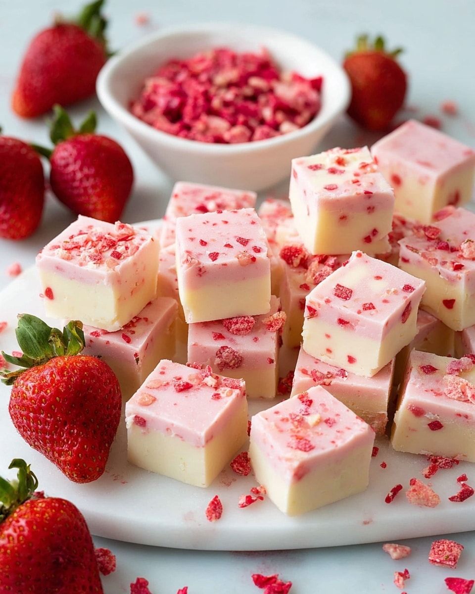 The image shows small square pieces of two-layered fudge with a bottom pale cream layer and a top soft pink layer sprinkled with small red bits. The fudge pieces are arranged on a white plate with some scattered on a white marbled surface around it. There are fresh red strawberries with green leaves placed among the fudge pieces and a white bowl filled with crushed red strawberry pieces visible in the background. The textures of the fudge look smooth and creamy with some roughness from the crushed strawberry bits on top. photo taken with an iphone --ar 4:5 --v 7