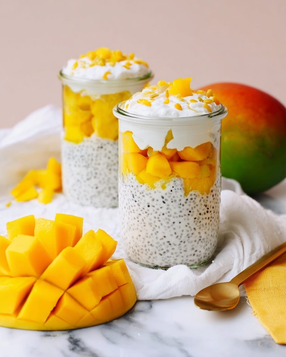 Two clear glass jars sit on a white marbled surface with a white cloth underneath, one jar closer and the other slightly behind. Each jar has three layers: at the bottom, bright yellow mango chunks, in the middle, a creamy white chia pudding speckled with black chia seeds, and on top, a thick white whipped cream layer garnished with more mango pieces and tiny seeds. In the front left, half a mango cut into cube shapes with vibrant orange-yellow flesh is displayed, while a whole mango with a mix of green, orange, and red skin lies in the background on the right. A gold spoon and a folded yellow napkin rest near the jars. photo taken with an iphone --ar 4:5 --v 7