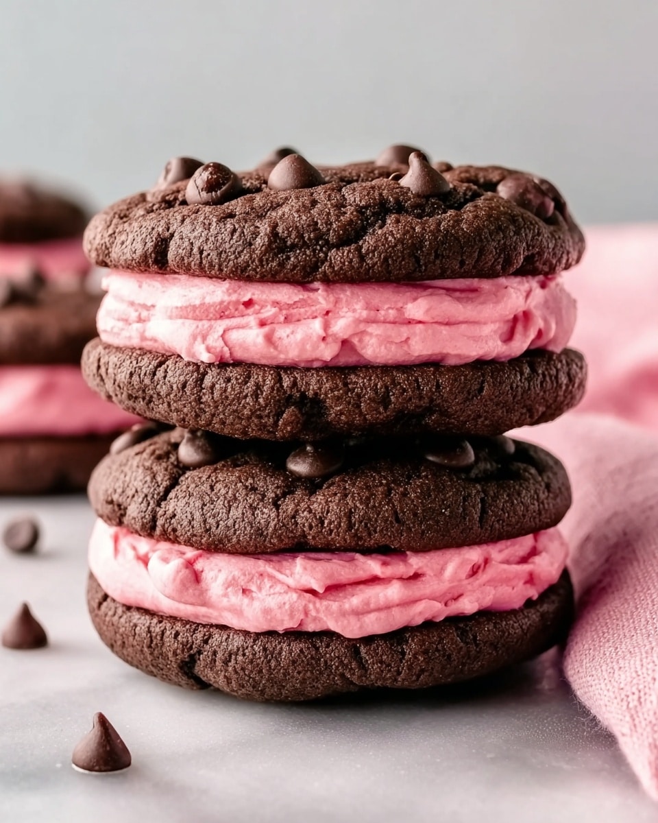 Two stacked chocolate sandwich cookies are shown on a white marbled surface. Each sandwich has two thick, dark brown cookie layers with a rough texture and chocolate chips embedded on top. Between the cookie layers is a thick, smooth, bright pink cream filling that looks soft and fluffy. A soft pink cloth is placed slightly out of focus on the right side of the image. The background is blurred and light colored. photo taken with an iphone --ar 4:5 --v 7