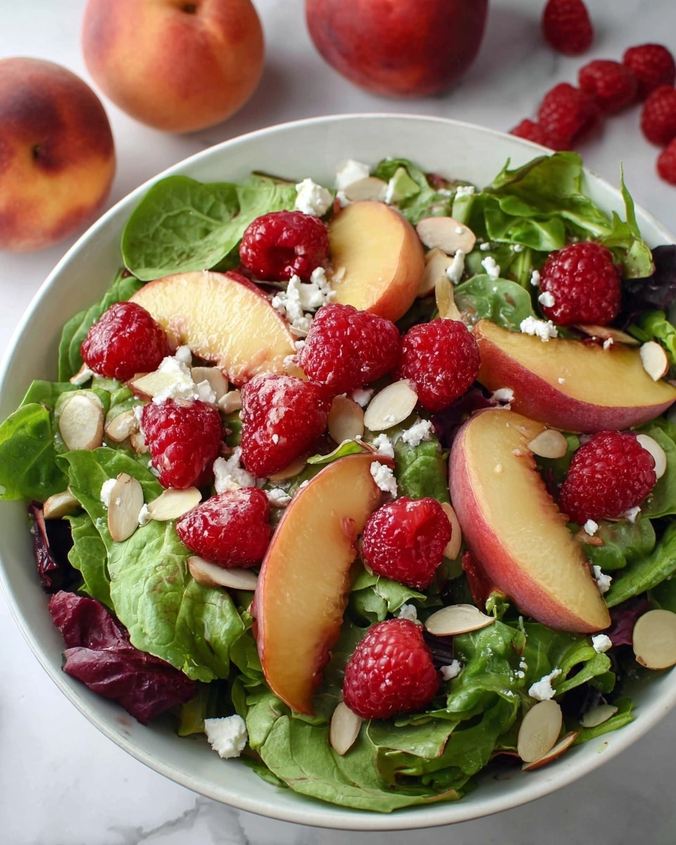 A fresh salad served in a white shallow bowl, with a base layer of mixed green leaves that are soft and varied in shades of green. On top of the greens, there are several thick slices of ripe peach, showing a pale pink and creamy yellow inside with a smooth reddish skin. Scattered evenly among the peach slices are bright red raspberries, plump and textured with small drupelets. There are also thin, pale almond slices spread lightly throughout. White, crumbly cheese pieces are sprinkled all over, adding contrast to the vibrant fruits and greens. The bowl sits on a white marbled surface, and in the soft background, there are whole peaches placed for decoration. Photo taken with an iphone --ar 4:5 --v 7