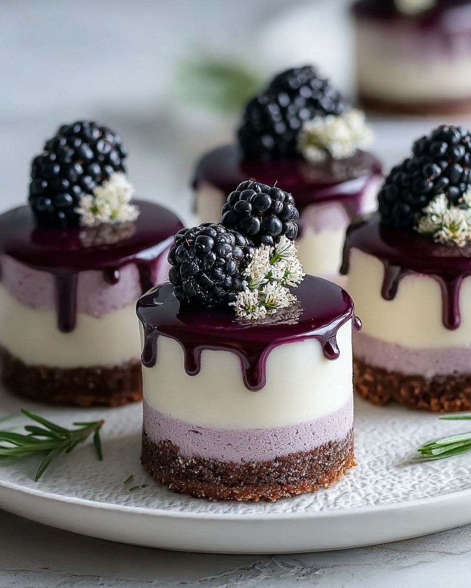 The image shows four small round cakes, each with three layers: a dark brown base, a middle light purple layer, and a top thick creamy white layer. On top of each cake is a deep purple glossy glaze that drips slightly down the sides. Each cake is decorated with three blackberries and small delicate white flowers. The cakes are placed on a white plate with a light textured rim on a white marbled surface, with some green herb sprigs around the plate. The focus is on the front cake, showing fine details of the glaze and berries. photo taken with an iphone --ar 4:5 --v 7
