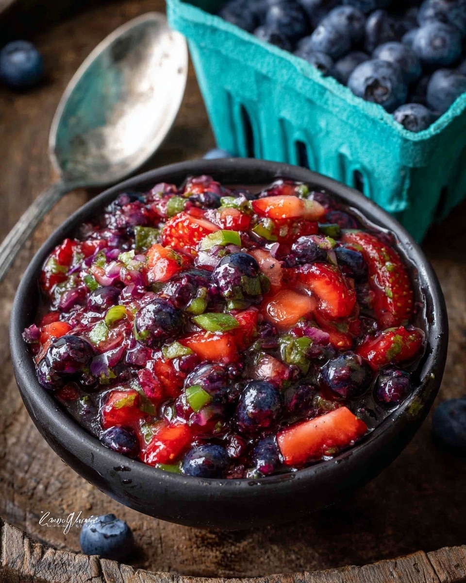 A close-up view of a small black bowl filled with a fresh salsa made from chopped blueberries and strawberries mixed with small pieces of green herbs and other finely chopped ingredients, creating a colorful, chunky texture with a mix of deep purple, bright red, and green hues. The berries are both whole and crushed, making the salsa look juicy and glossy. The bowl is placed on a rustic wooden surface, next to a teal blue carton with more blueberries and a silver spoon. Photo taken with an iphone --ar 4:5 --v 7