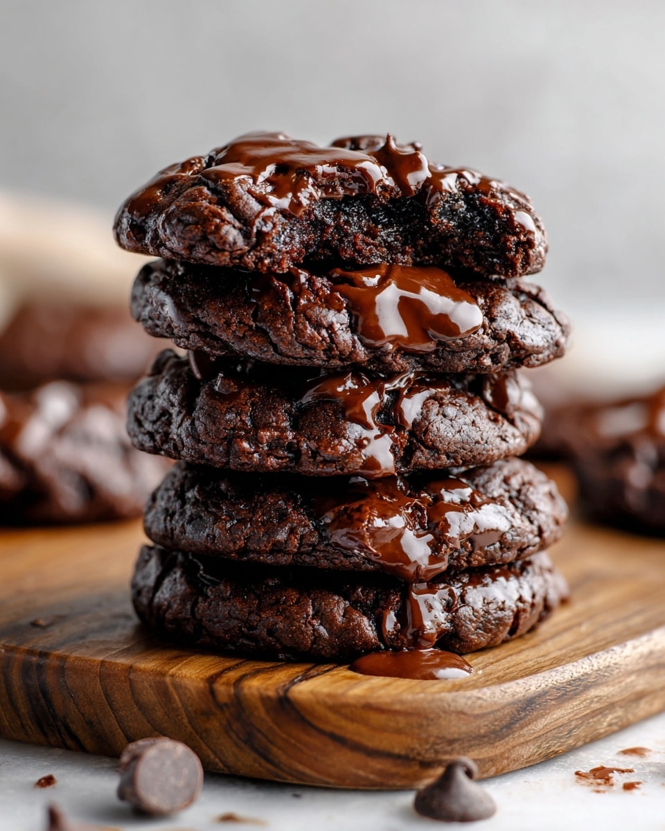 A stack of four thick, soft-looking dark chocolate cookies with visible cracks and shiny melted chocolate chips scattered on top and slightly oozing out between the layers, sitting on a wooden board with subtle wood grain texture, placed on a white marbled surface with a few chocolate chips scattered around and blurred cookies in the background, focusing on the rich texture and deep brown color of the cookies. photo taken with an iphone --ar 4:5 --v 7