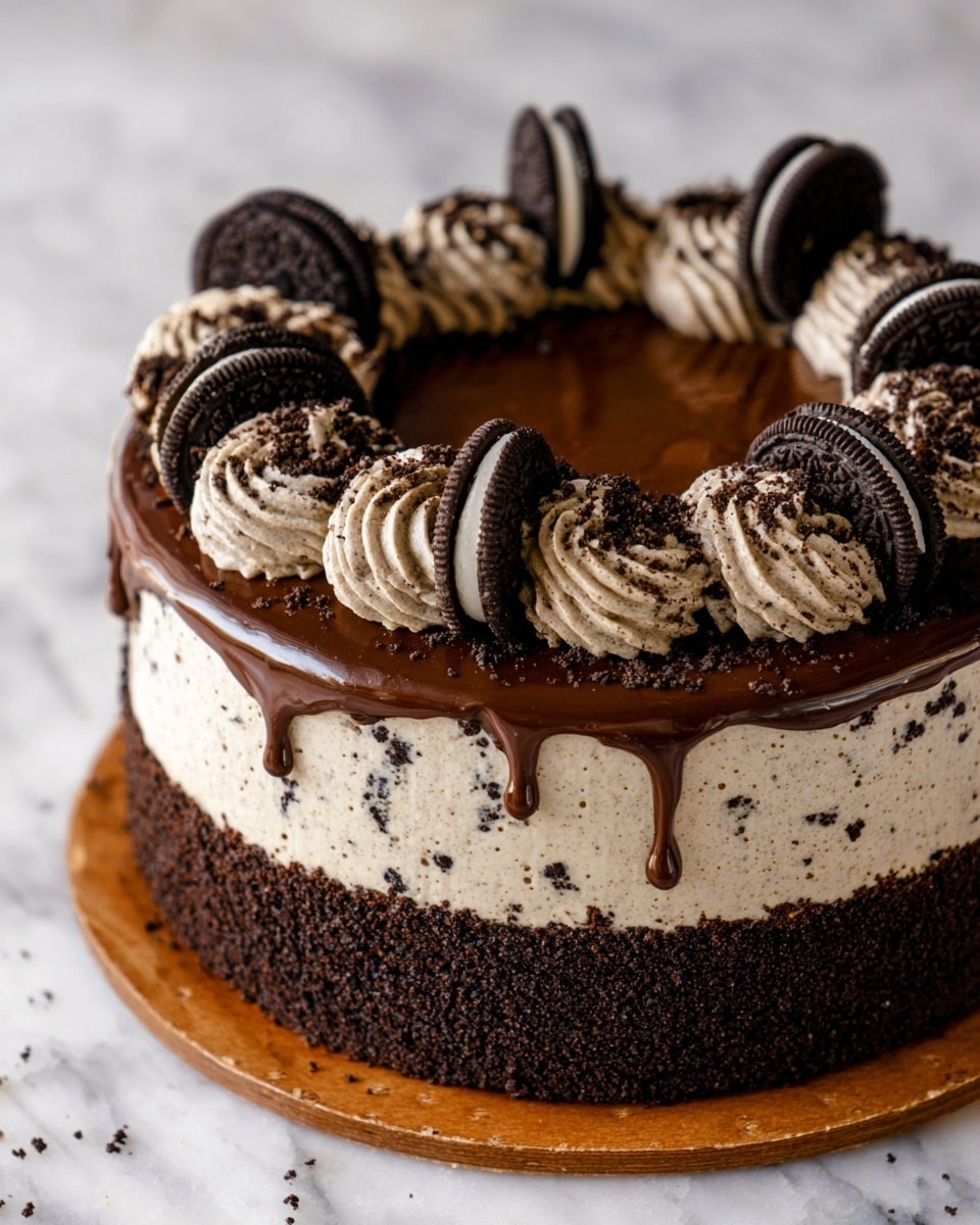 The cake has three visible layers: the bottom layer is a thick, dark chocolate crumb layer with a rough texture; the middle layer is a smooth, light cream mixed with small dark cookie crumbs; the top layer is a glossy dark chocolate ganache that slightly drips down the sides. On top, there is a ring of swirled light cream with dark cookie crumbs mixed in, each swirl topped with a standing dark chocolate sandwich cookie split in half. Some cookie crumbs are sprinkled on the chocolate surface in the center. The cake is shown on a white marbled surface photo taken with an iphone --ar 4:5 --v 7