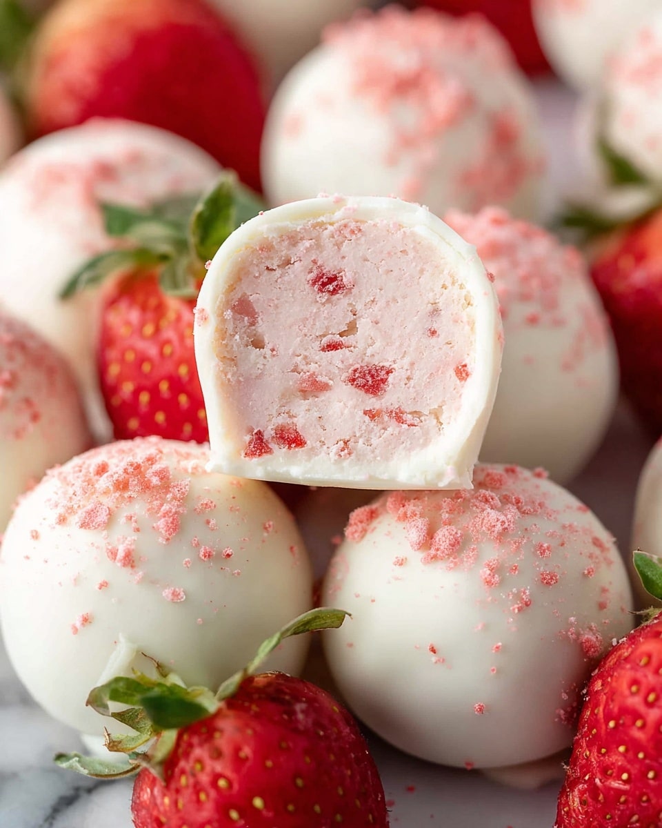 A close-up image showing round white chocolate truffles with a smooth outer layer, each sprinkled lightly with pink strawberry powder on top. One truffle is cut in half, revealing a soft, light pink filling mixed with tiny red strawberry bits and a slightly crumbly texture. Bright red strawberries with green leafy tops are placed around the truffles, all set against a white marbled surface. photo taken with an iphone --ar 4:5 --v 7