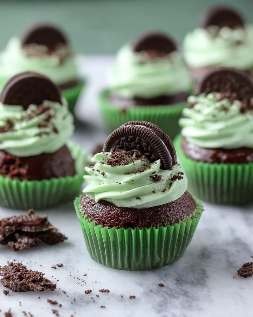 The image shows several chocolate cupcakes in green paper liners arranged on a white marbled surface. Each cupcake has a moist dark brown chocolate base, topped with a thick swirl of light green mint frosting. On top of the frosting, there is a small round chocolate cookie partly pressed into the creamy layer. Crumbled chocolate cookie pieces are scattered around the cupcakes, adding texture and detail to the scene. The background is softly blurred, focusing on the front cupcake with clear lighting that highlights the smooth frosting and rich chocolate. Photo taken with an iphone --ar 4:5 --v 7