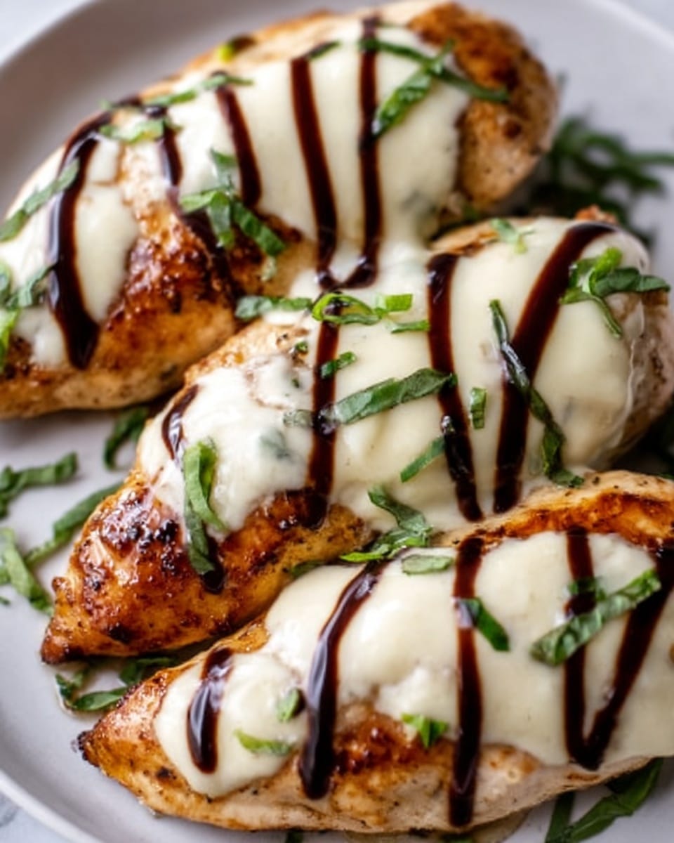 Close-up of three golden brown baked chicken breasts with a smooth creamy white sauce spread evenly over the top of each piece, garnished with thin dark brown balsamic glaze lines and small green herb leaves scattered on top, all arranged on a white plate against a white marbled surface, showing a rich mix of textures from creamy sauce to crispy chicken skin, photo taken with an iphone --ar 4:5 --v 7