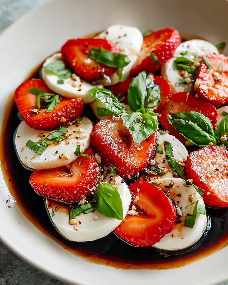 A white round plate holds a layered dish arranged in a circle. The bottom layer is a dark brown balsamic glaze with a shiny, smooth texture pooling slightly on the plate. On top of that are thick, smooth, white mozzarella slices arranged evenly around the plate. Alternating with the mozzarella, there are bright red strawberry halves with seeds showing and a wet shine on their surface. Fresh green basil leaves are nestled between the slices and halves, adding bright green spots. The whole dish is sprinkled with cracked black pepper and small bits of garlic, which add texture and contrast. photo taken with an iphone --ar 4:5 --v 7