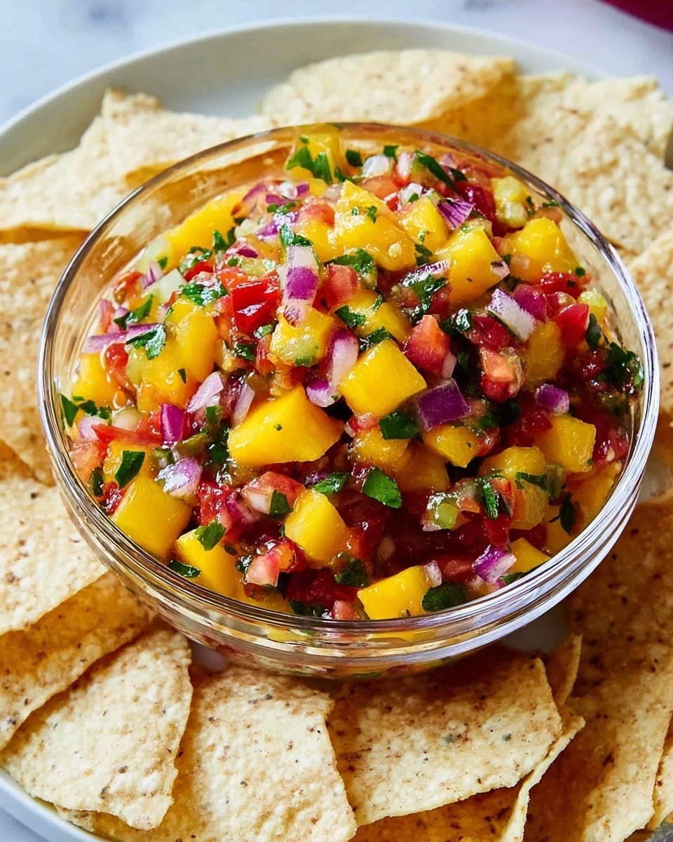 A clear round bowl filled with chunky salsa showing multiple layers of bright diced yellow mango, deep red tomatoes, purple onions, green herbs, and small pieces of green pepper, all mixed together with a slightly glossy texture, placed at the center of a white plate. Around the bowl, there are many pale yellow to light brown tortilla chips with a rough, grainy surface, resting on a white marbled texture surface. photo taken with an iphone --ar 4:5 --v 7