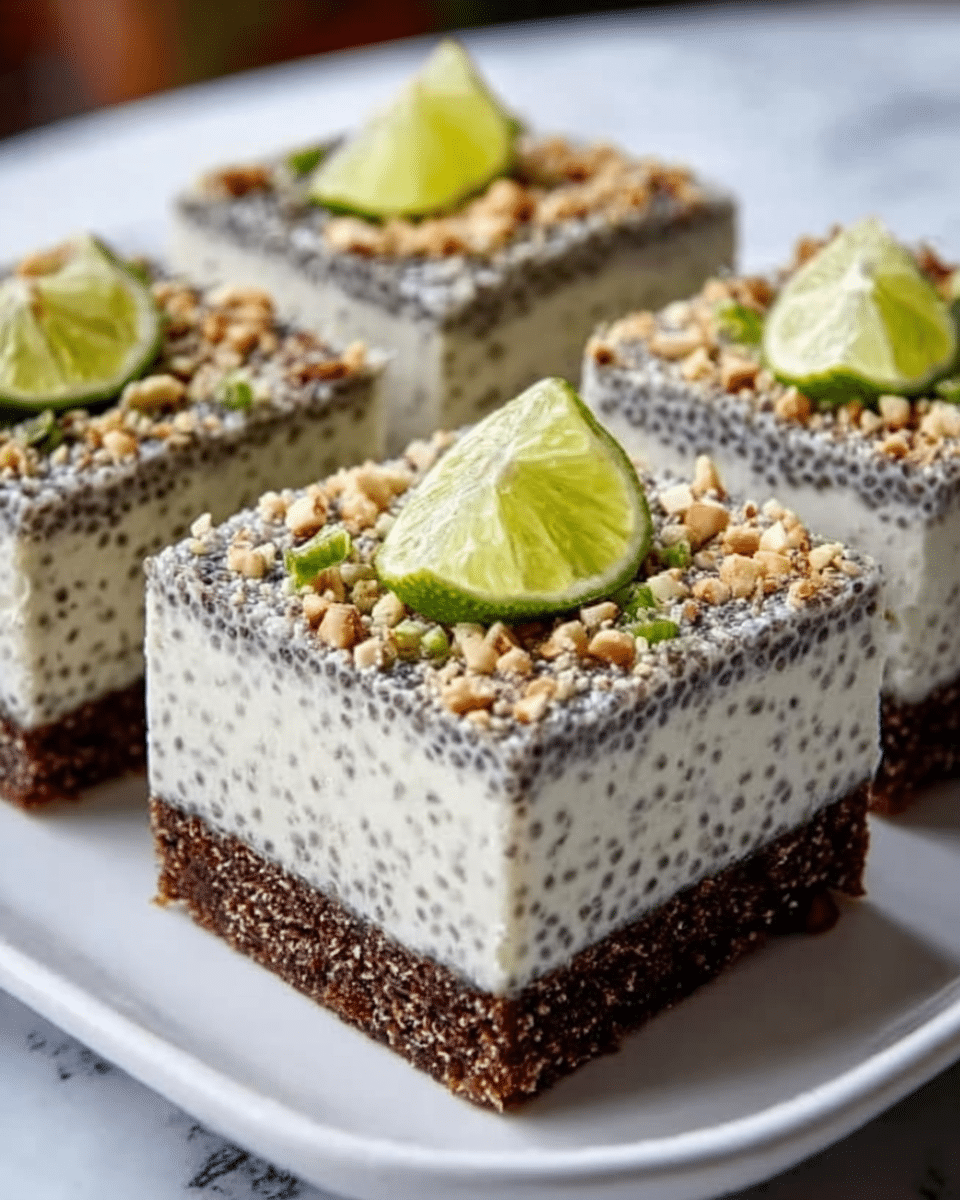 The image shows four square desserts on a white plate, each with three clear layers. The bottom layer is dark brown and crumbly, the middle layer is thick and speckled with tiny black seeds, and the top layer is creamy white and smooth. Each dessert piece is topped with crushed nuts and a small green lime wedge, placed at the center of the top layer. The background is a white marbled texture. The photo taken with an iphone --ar 4:5 --v 7
