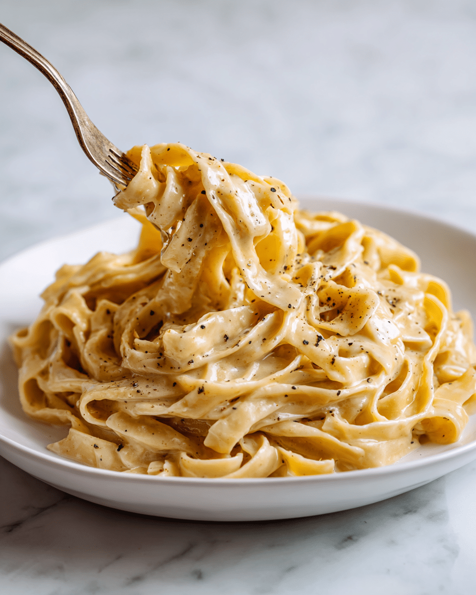 The image shows a close-up of a white plate filled with creamy fettuccine pasta. The pasta strands are thick and flat, coated in a smooth, light beige sauce with visible small black pepper specks sprinkled evenly on top. A small fork is resting on the side of the plate, gently lifting up some pasta strands. The background is a white marbled surface. Photo taken with an iphone --ar 4:5 --v 7