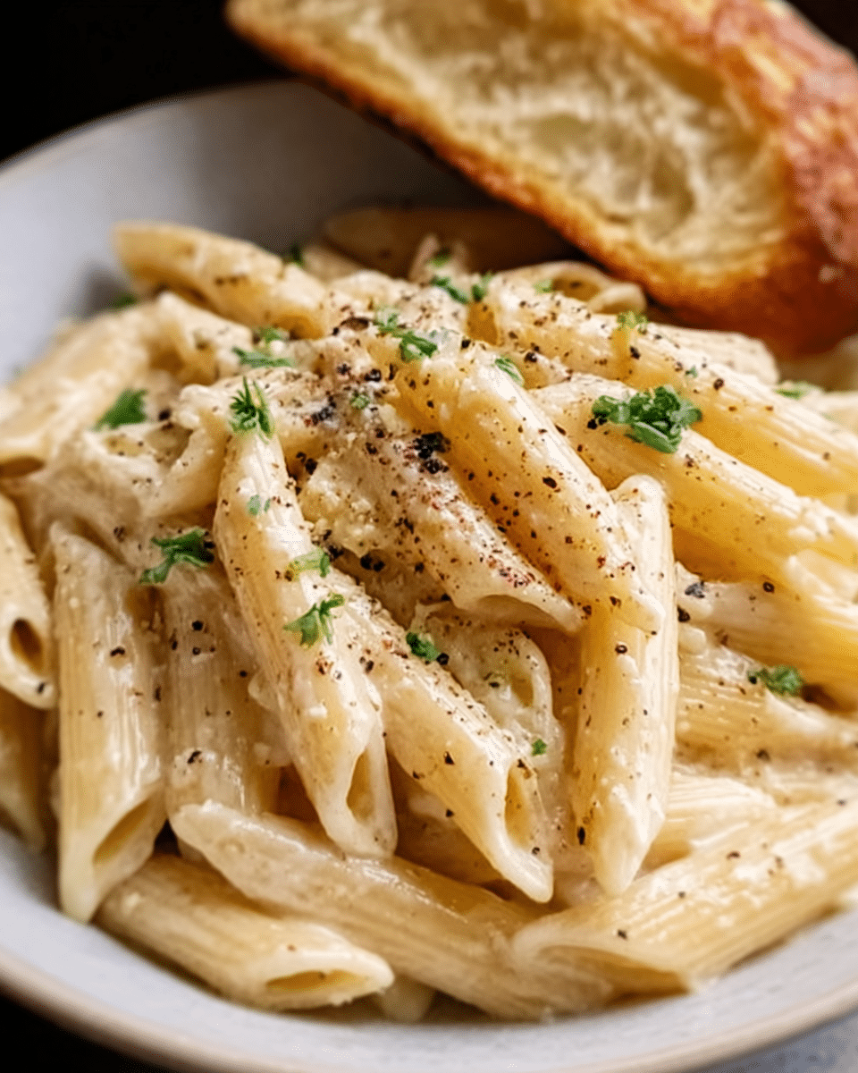 A close-up image of creamy penne pasta in a white bowl placed on a white marbled surface. The pasta is coated in a smooth, light beige sauce, sprinkled with small bits of black pepper and finely chopped green herbs on top. A piece of crusty bread sits behind the bowl, partially visible with a golden-brown crust and soft inside texture. The colors focus on creamy yellow, light brown, and touches of green, showing a simple yet appetizing dish. Photo taken with an iphone --ar 4:5 --v 7