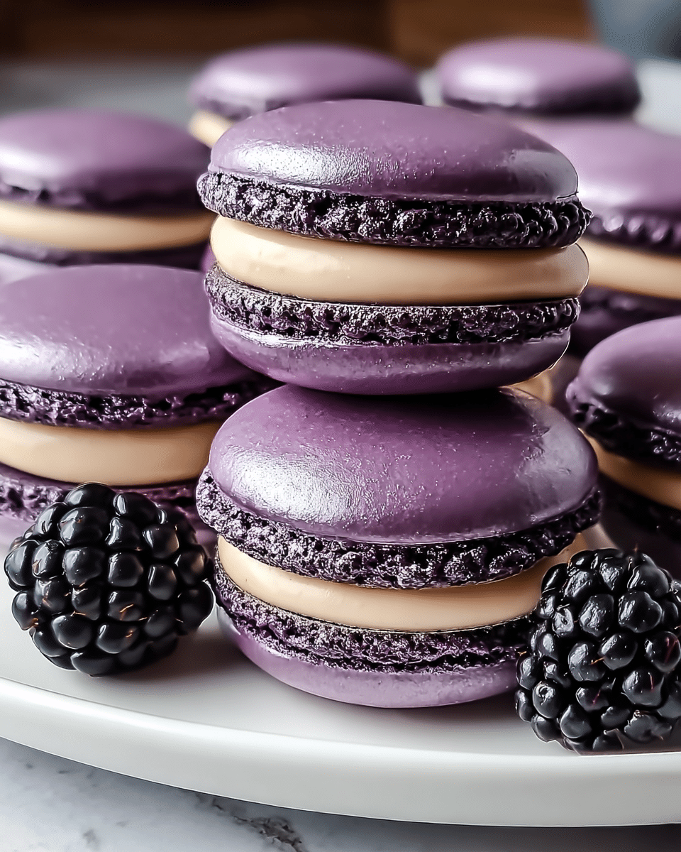 A group of shiny purple macarons are stacked and spread on a white plate placed on a white marbled surface. Each macaron has three visible layers: a smooth, rounded top and bottom shell with a deep purple color and a slightly rough, dark purple edge. Between these shells is a beige creamy filling that looks thick and smooth. Two blackberries with shiny surfaces sit near the macarons on the plate. The photo is close-up, focusing on the front macarons stacked two high, showing their textures clearly. photo taken with an iphone --ar 4:5 --v 7