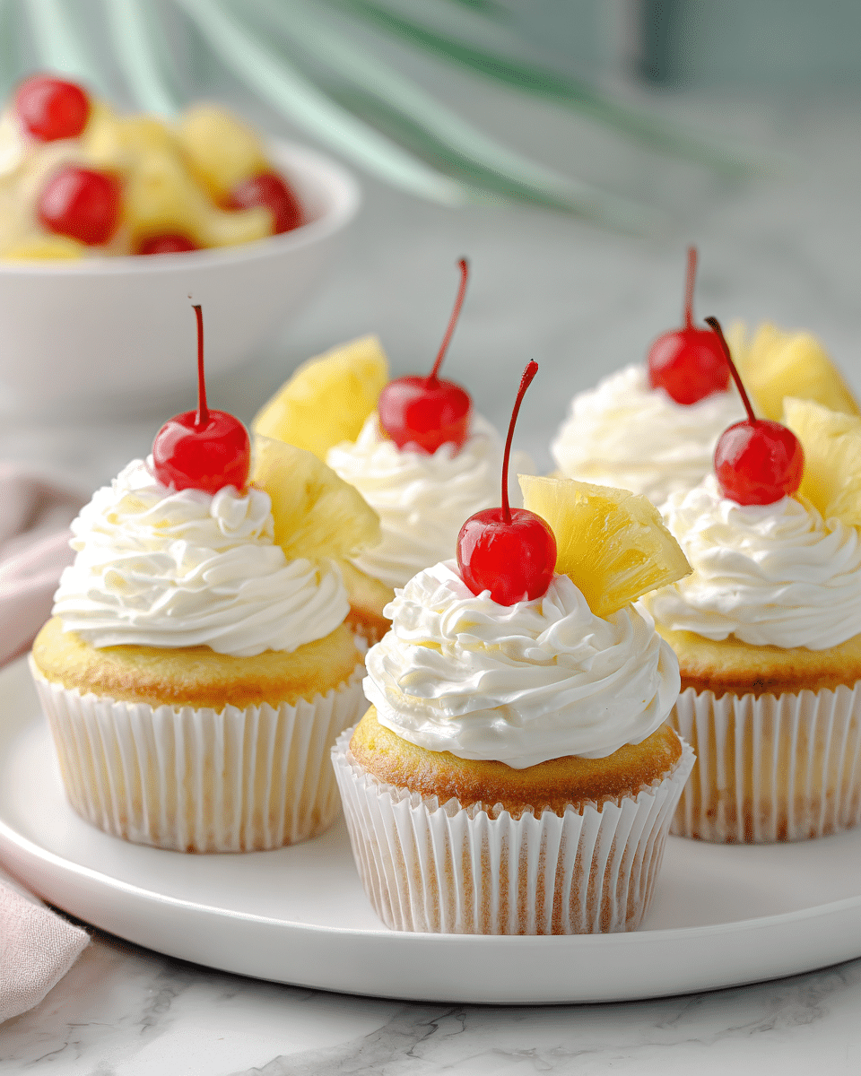 The image shows five cupcakes arranged closely in a round white plate placed on a white marbled surface. Each cupcake has a light yellow base with a slightly golden brown bottom edge and is wrapped in a white paper liner. On top of each cupcake is a thick layer of white, swirled cream frosting with a glossy, soft texture. Each frosting swirl is topped with a shiny red cherry that has its stem still attached, along with a small wedge of bright yellow pineapple with a slight green tinge near the skin. In the background, there is a blurry white bowl filled with fruit and cream, adding a soft blue-green tint. Photo taken with an iphone --ar 4:5 --v 7