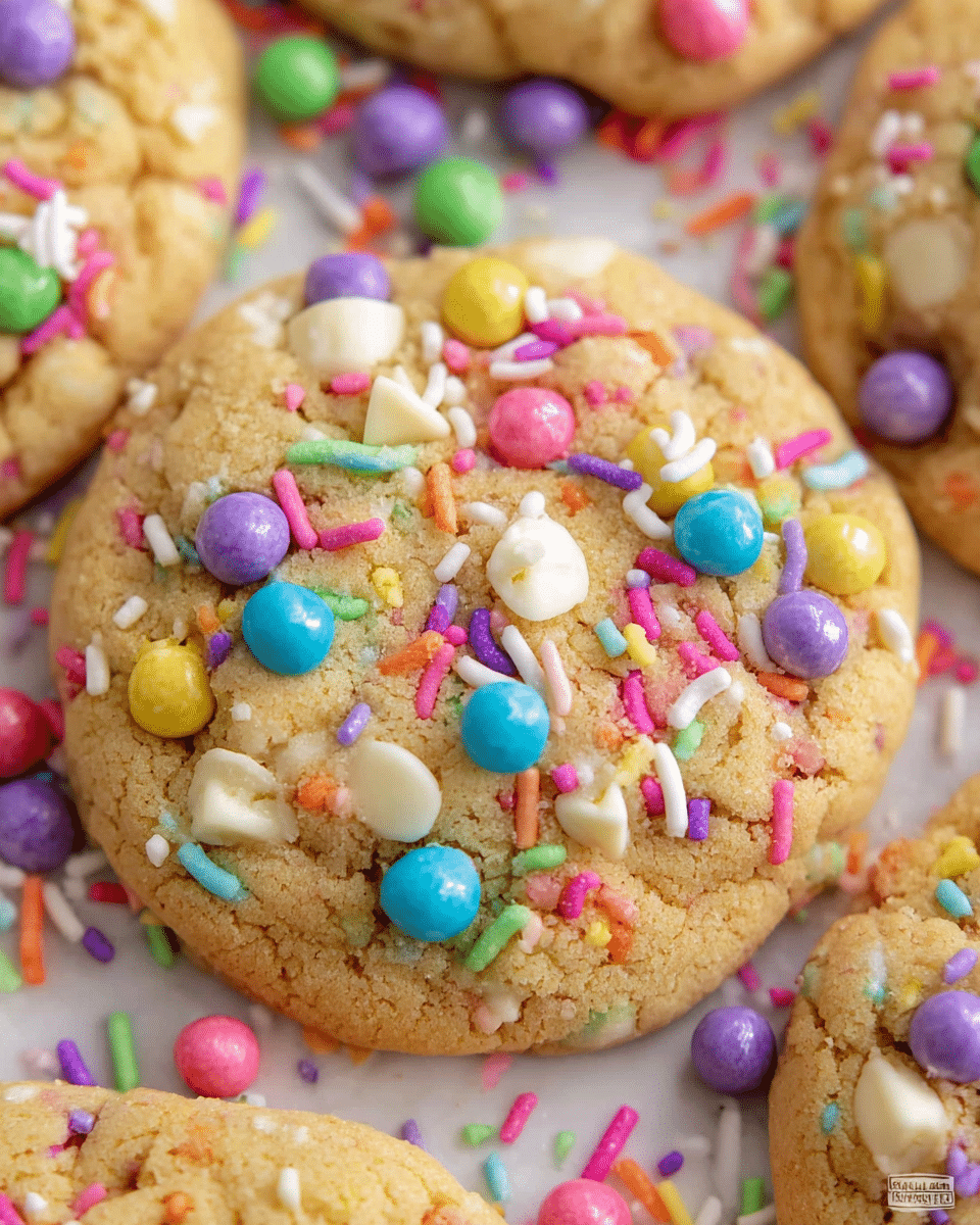 A close-up view of a soft, light brown cookie topped with many colorful sprinkles, including small round balls in blue, green, pink, and yellow, and long sprinkles in pink, yellow, purple, white, and orange. The cookie surface is slightly bumpy and textured with small white chocolate chunks. Around the main cookie, other similar cookies lie close, all showing the same bright and cheerful color theme. The whole scene is on a white marbled texture. photo taken with an iphone --ar 4:5 --v 7
