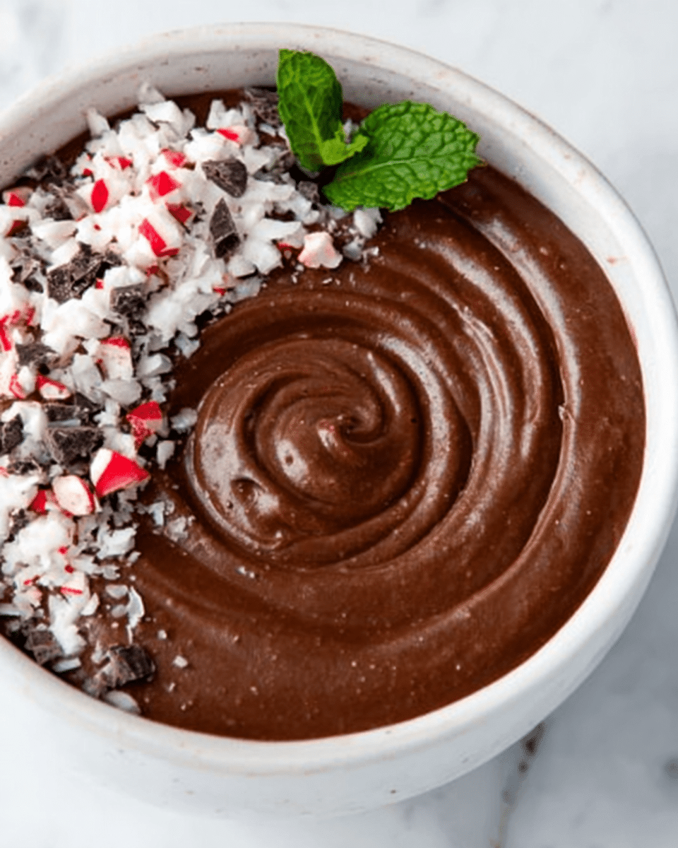 A white bowl filled with three layers of dessert: the bottom layer is smooth, dark brown chocolate pudding, topped with a thick swirl of the same chocolate pudding creating a spiral pattern in the center. On one side of the bowl, a thick garnish of crushed white and dark chocolate pieces with bits of red candy are layered, adding texture and color contrast. A small sprig of fresh green mint leaves rests on the edge of the bowl, next to the crushed toppings. The bowl sits on a white marbled surface. Photo taken with an iphone --ar 4:5 --v 7