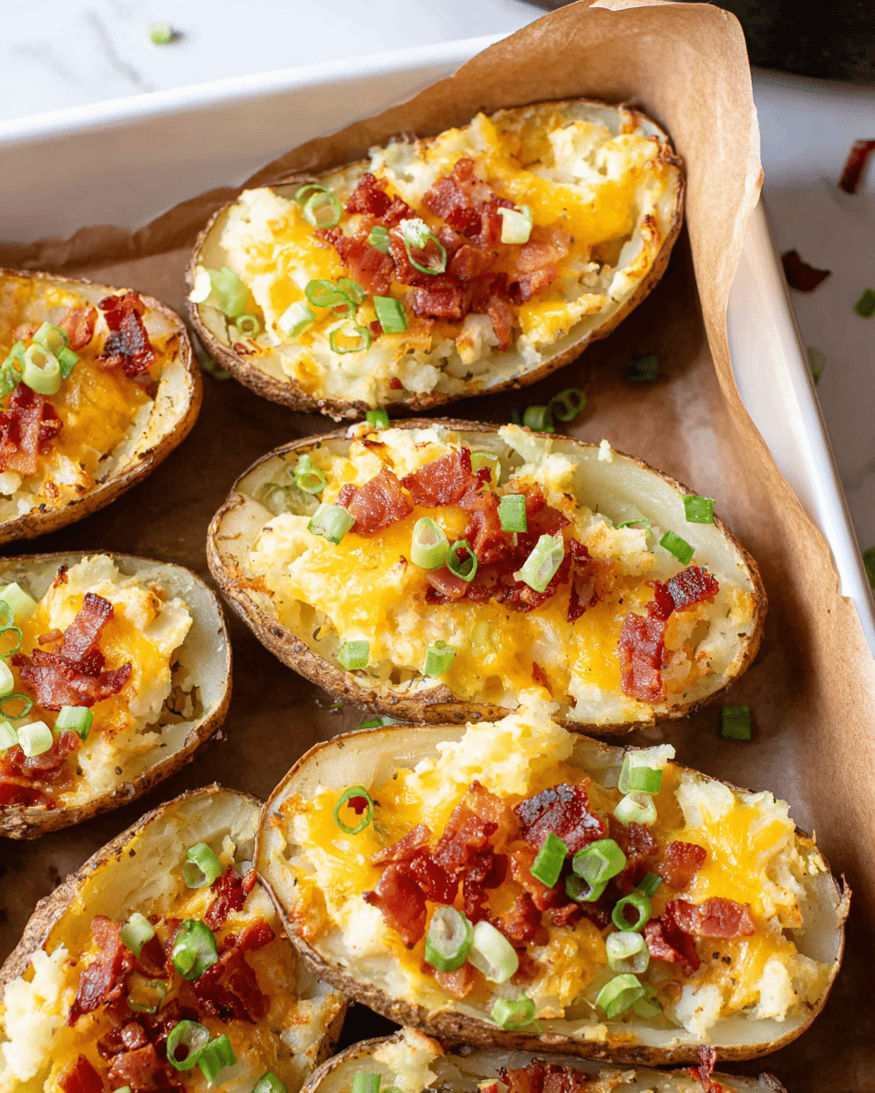 The image shows several stuffed potato skins placed in a white tray lined with brown parchment paper, set on a white marbled surface. Each potato skin is cut in half lengthwise, with the outer skin forming the base, holding mashed potato mixed with melted yellow cheese as the first layer inside the skin. On top of the cheese layer, small pieces of crispy red bacon are scattered, along with thinly sliced green onions adding a fresh look. The potato skins are closely packed, showing a golden-yellow melted cheese with a soft, slightly crumbly texture beneath the bacon and green onion bits. photo taken with an iphone --ar 4:5 --v 7