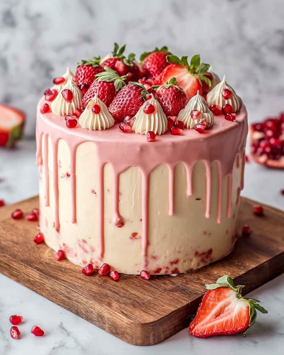 A tall, round cake with smooth cream-colored frosting forms the base, topped with a thin layer of pink glaze dripping elegantly down the sides in long, uneven streams. Around the top edge, dollops of light cream frosting are evenly spaced, each decorated with bright red pomegranate seeds. The center of the cake's top is packed with fresh strawberries, some whole with green leaves still attached, others halved to show their juicy red inside. The cake sits on a wooden board placed on a white marbled surface, with scattered pomegranate seeds and a sliced strawberry around the board. Photo taken with an iphone --ar 4:5 --v 7