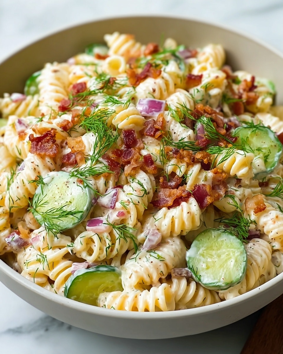 A close-up of a creamy pasta salad in a white bowl on a white marbled surface, showing three main layers: the bottom layer is rotini pasta in a light yellow color, on top of that are thin slices of green pickles mixed with small pieces of red onion, and the top layer features crispy brown bacon bits and fresh green dill sprigs scattered all over, the creamy sauce lightly covering the pasta and vegetables giving a rich texture. photo taken with an iphone --ar 4:5 --v 7