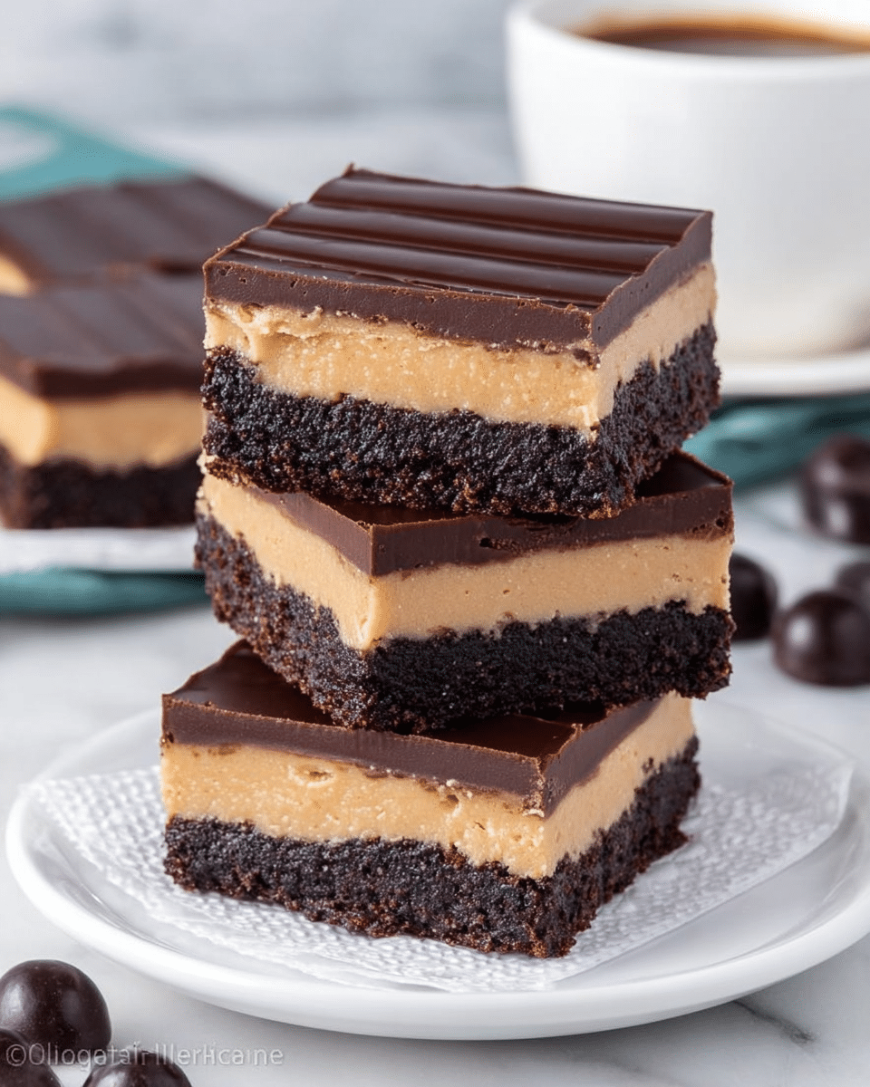 The image shows three square dessert bars stacked on a white plate with a paper doily underneath. Each bar has three layers: a thick, dark brown, moist-looking brownie base, topped by a smooth, light tan peanut butter layer in the middle, and finished with a glossy, dark chocolate ganache layer on top. The bars are neatly cut with clean edges, and the top chocolate layer has light textured grooves. The setting includes a white marbled surface and a blurred white cup in the background, with some dark round objects nearby. photo taken with an iphone --ar 4:5 --v 7