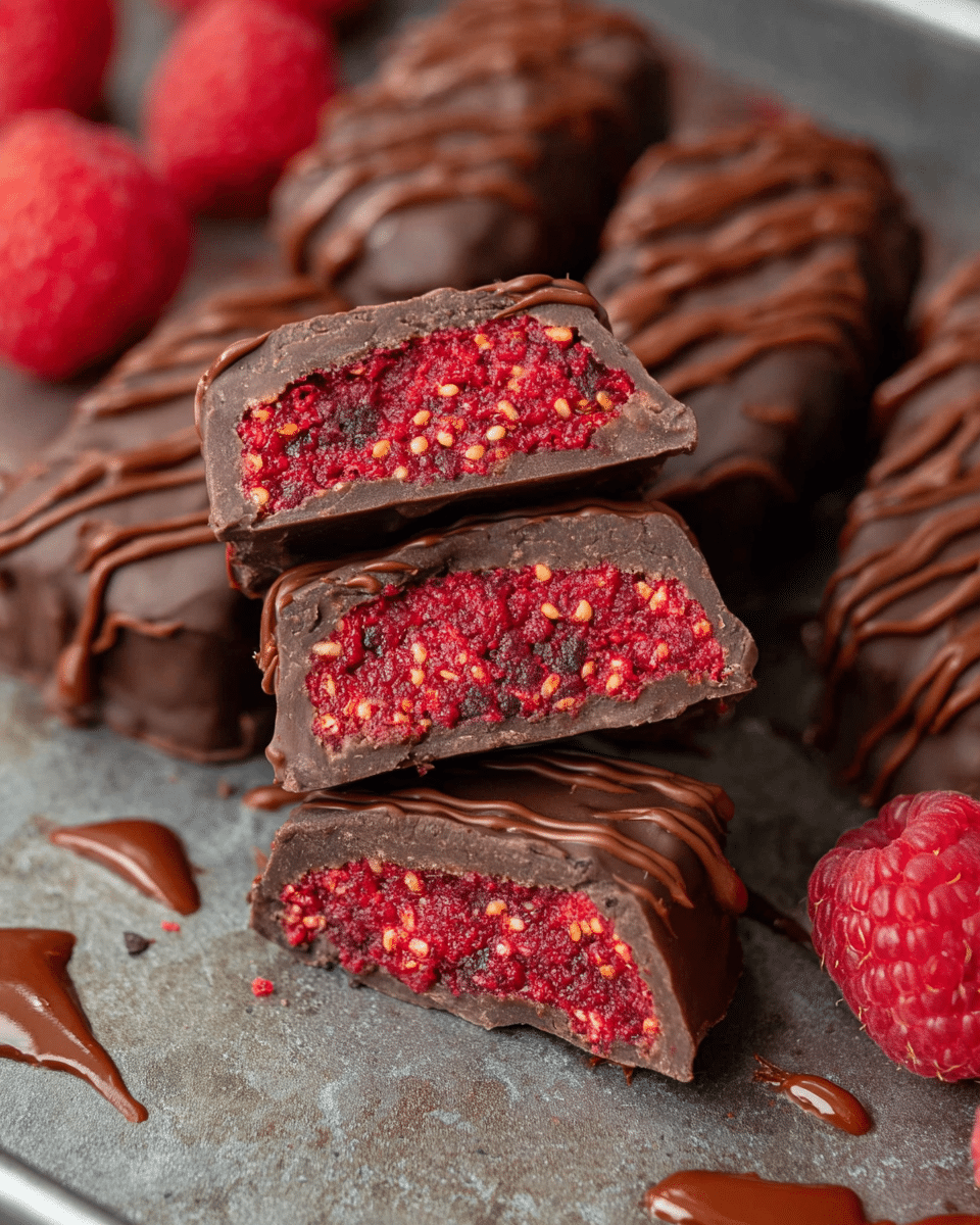 The image shows several pieces of chocolate-covered raspberry treats arranged on a textured surface. Each piece has two main layers: a thick, rough-textured dark chocolate outer shell with a shiny finish and chocolate drizzles on top, and a bright red, slightly chunky raspberry filling inside. The red filling is visible as the pieces are cut in half, showing a mix of red berry pulp and small bits of seeds for texture. The treats are placed casually with some chocolate smears near them, and fresh whole raspberries are visible near the edges. The scene is close-up and brightly lit, capturing the rich colors and textures clearly. Photo taken with an iphone --ar 4:5 --v 7