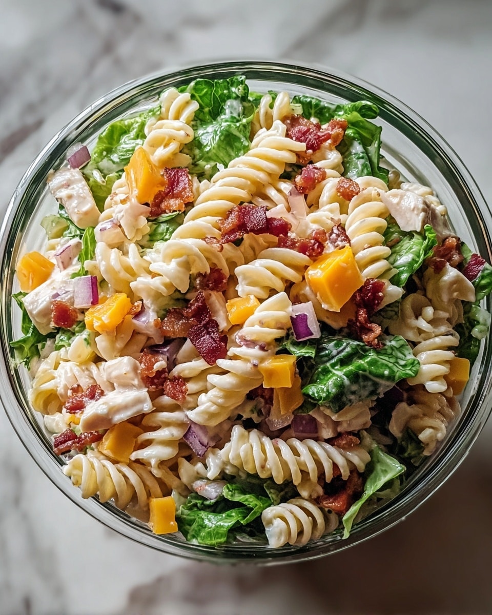A clear glass bowl filled with a layered salad starting with a base of bright green leafy lettuce at the bottom, topped with creamy off-white rotini pasta spirals mixed with small cubes of vibrant orange cheddar cheese, crisp pieces of red bacon, small chunks of white chicken, and bits of purple red onion scattered evenly throughout. The textures range from soft pasta, firm cheese cubes, crispy bacon, and tender chicken, all combined evenly to create a colorful and fresh look. The bowl sits on a white marbled surface. photo taken with an iphone --ar 4:5 --v 7