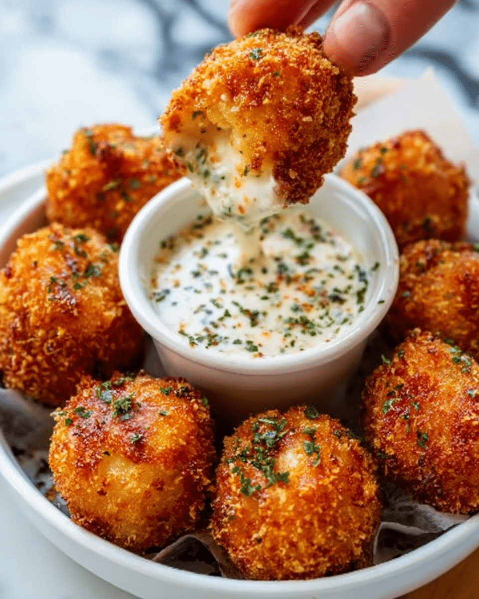 A white bowl filled with about eight golden brown, crispy fried cheese balls, each with a rough and crunchy texture. One cheese ball is being dipped into a small round white bowl of creamy white sauce with green herb specks, held by a woman's hand. The cheese ball's crispy coating is coated with the sauce. The bowl sits on a white marbled surface. photo taken with an iphone --ar 4:5 --v 7