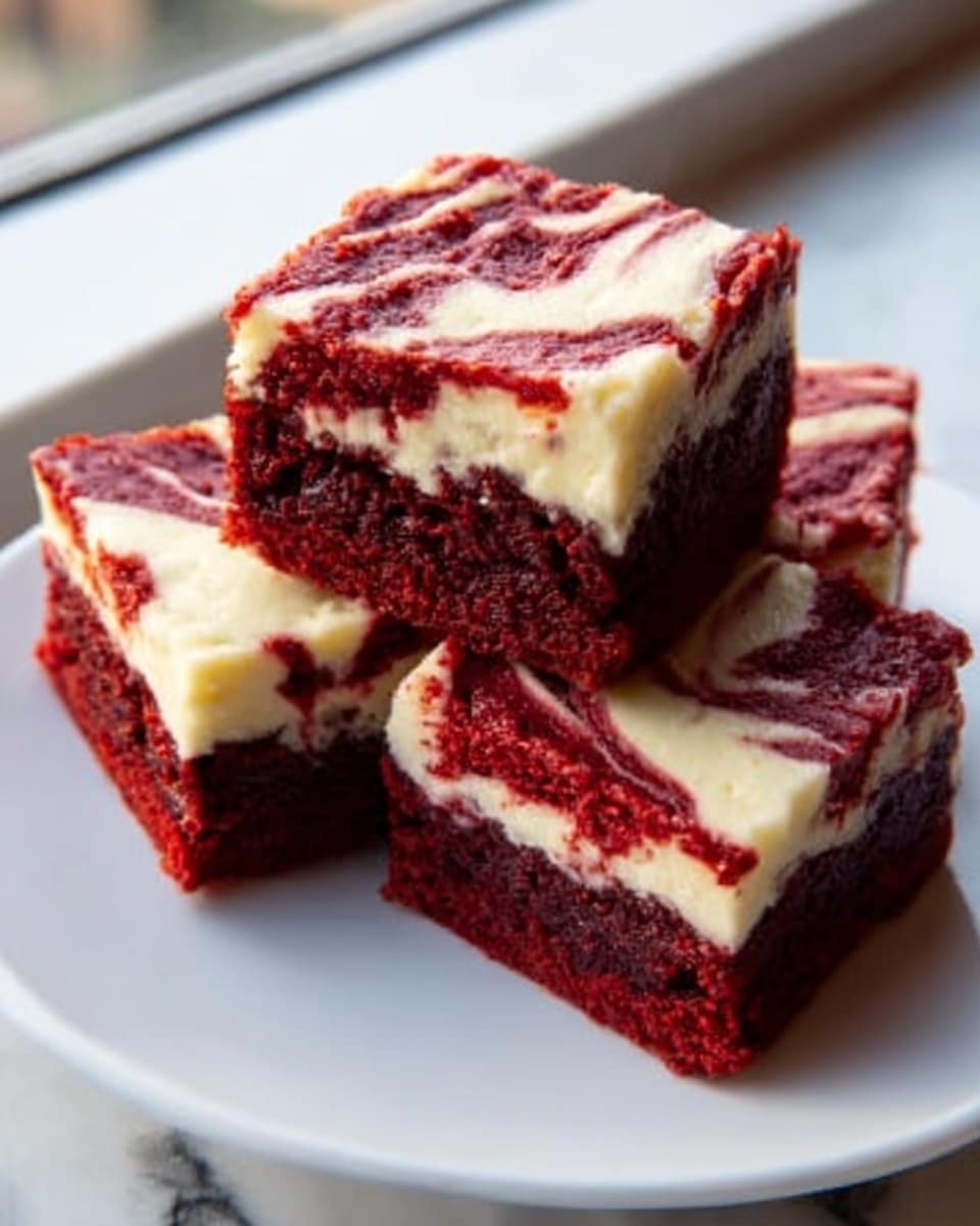 The image shows three square pieces of red velvet cake with a cream cheese swirl on top, stacked on a white plate. Each cake piece has two layers: a thick, dark red base that looks moist and soft, and a creamy white layer swirled in a wavy pattern on the top. The cake pieces are neatly cut, showcasing the contrast between the rich red color and the smooth cream cheese layer. The plate sits on a white marbled surface near a window with natural light shining, highlighting the cake's texture and color. Photo taken with an iphone --ar 4:5 --v 7