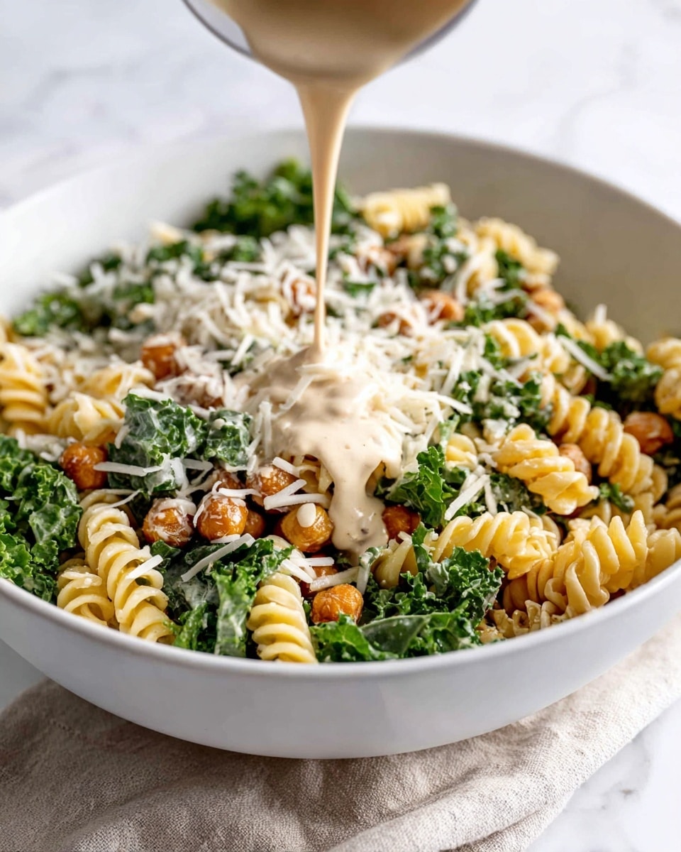 A close-up of a white bowl filled with a layered pasta salad, with spiral pasta in a light yellow color mixed with bright green kale leaves and small roasted chickpeas that are golden brown. On top, there are thin white cheese shavings scattered around. Thick, creamy beige dressing is being poured gently over the salad from above, creating a smooth texture that stands out against the other ingredients. The bowl sits on a soft beige cloth on a white marbled surface. photo taken with an iphone --ar 4:5 --v 7