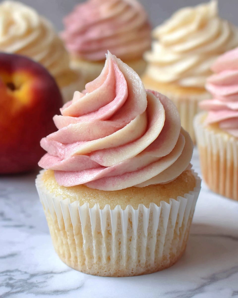 A close-up view of a cupcake with two layers of swirled frosting on top: one light cream color and one soft pink color, smoothly textured and twirled upward in a peak, sitting in a white paper liner that shows the light golden cake beneath. In the background, there are more cupcakes with similar frosting and a peach on a white marbled surface. The photo captures the soft, creamy texture of the frosting and the moist look of the cake. photo taken with an iphone --ar 4:5 --v 7