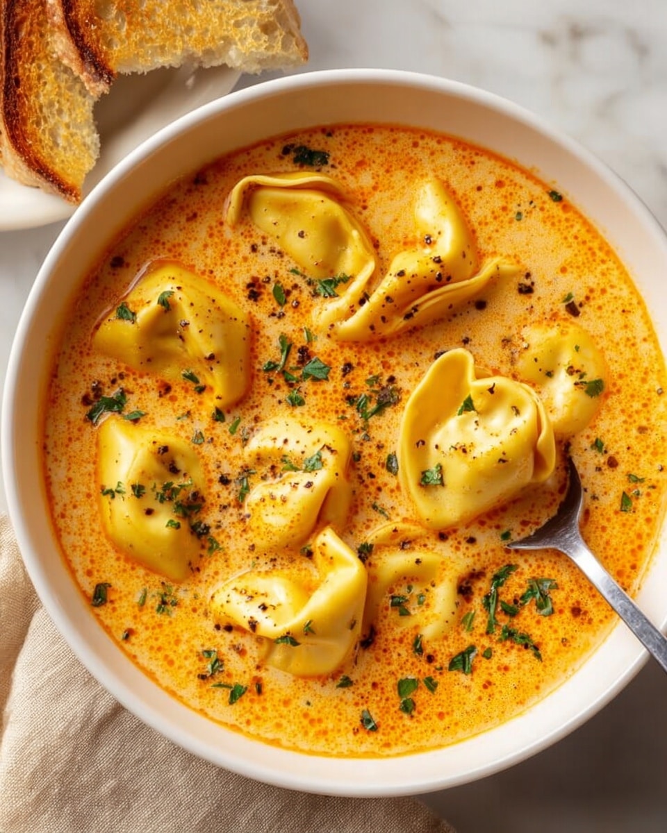 A white bowl filled with creamy orange soup with several yellow tortellini floating on top, each pasta piece showing folded curves and some fillings inside. The soup is dotted with small green parsley pieces sprinkled evenly across the surface and has small black pepper flakes scattered on top. A silver spoon is placed inside the bowl on the right side, holding up one tortellini. On the left side of the image, part of a piece of toasted bread is visible resting on a light beige cloth napkin. The bowl is set on a white marbled surface. photo taken with an iphone --ar 4:5 --v 7