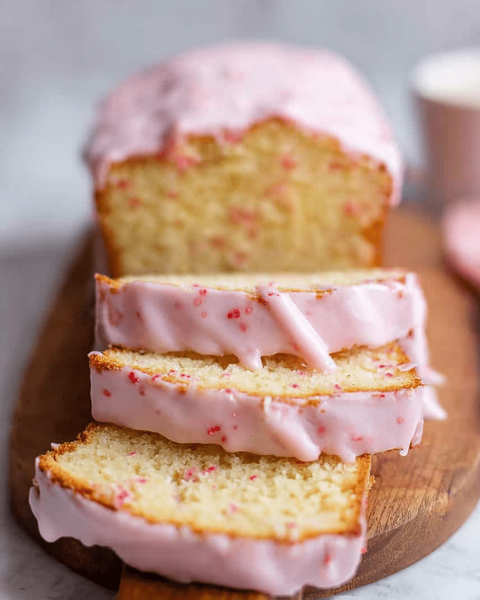 A sliced loaf cake with three visible thick slices, each topped and layered with a smooth light pink glaze mixed with small red specks, giving the icing a slightly textured look. The glaze covers the top and drips slightly down the sides of the golden brown cake, which has a soft and moist inner crumb. The cake sits on a wooden board against a white marbled background. A woman's hand appears in the background holding the cake. photo taken with an iphone --ar 4:5 --v 7