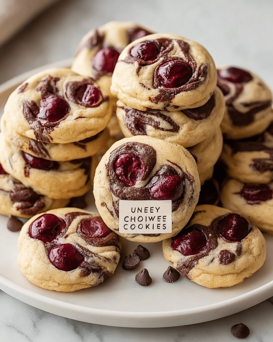 A stack of soft cookies on a white plate sitting on a white marbled surface. Each cookie has a light golden-brown base with three to four dark red cherry pieces embedded on top, some with dark brown swirls of melted chocolate creating a marbled effect around the cherries. The cookies are slightly puffy and soft-looking, with a few pieces of chocolate chips visible in the lower part. The plate is filled with about ten cookies, some stacked neatly and others scattered around. Photo taken with an iphone --ar 4:5 --v 7