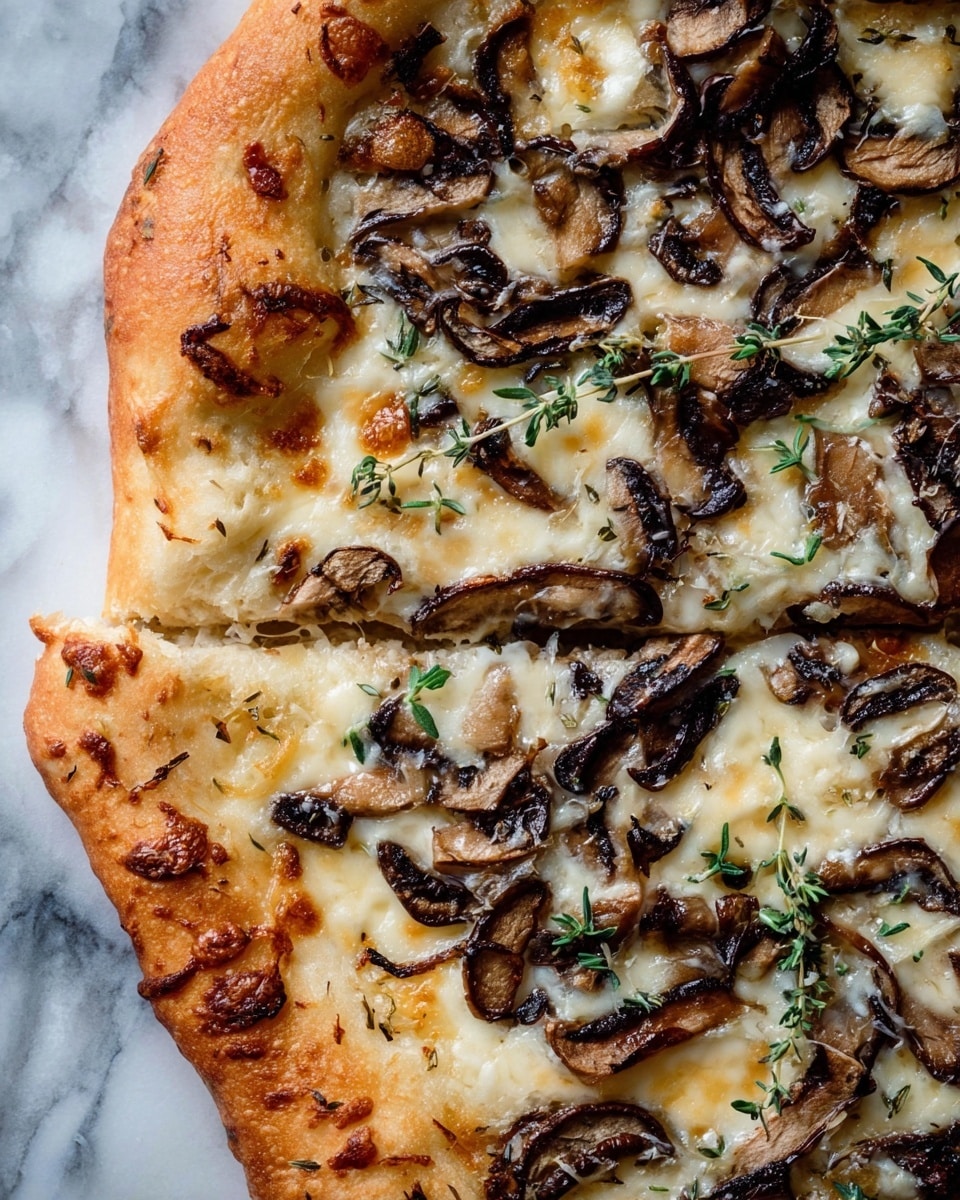 A close-up view of a pizza with a thick, golden-brown crust that looks soft and slightly crispy. The first layer is a creamy white cheese base, melted evenly across the surface with a slightly glistening texture. On top, there are many thin slices of browned mushrooms spread out, some with darker caramelized edges, giving a rich, earthy color. Scattered green rosemary leaves add fresh pops of color and texture, sitting delicately on the cheese and mushrooms. The pizza rests on a white marbled surface. photo taken with an iphone --ar 4:5 --v 7