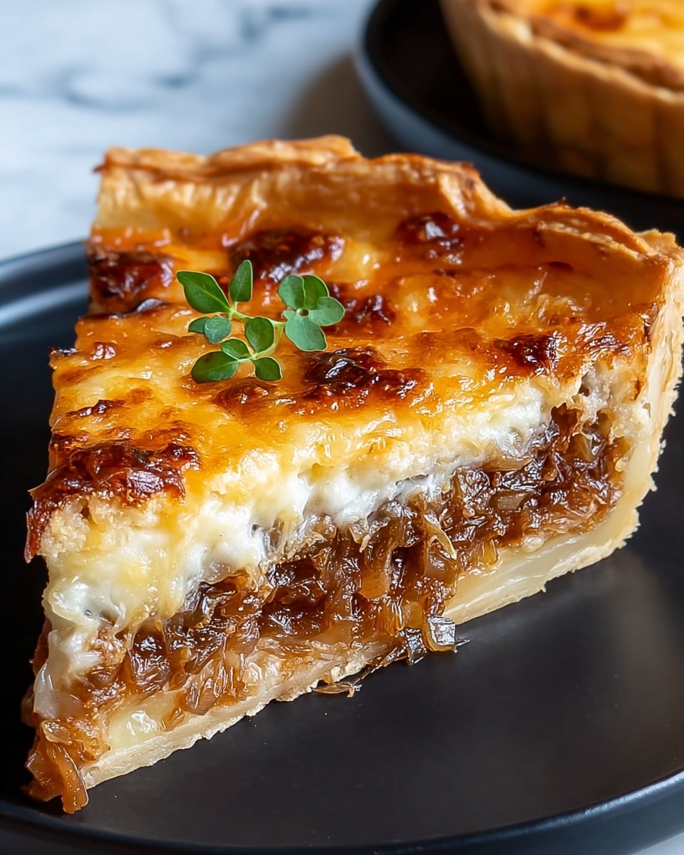 A close-up view of a single slice of pie with three visible layers on a white plate. The bottom layer is a light, flaky crust crust with a pale beige color. The middle layer is thick and filled with small, soft pieces of cooked onions and caramelized bits, showing rich brown and translucent off-white shades. The top layer is a golden brown caramelized cheese topping with a shiny, slightly crispy texture and dark brown spots. The pie slice is garnished with a small sprig of green herb on top. The background is a white marble surface with soft lighting. photo taken with an iphone --ar 4:5 --v 7